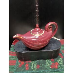 Vintage Aladdin Teapot Burgandy by Hall China gold trim